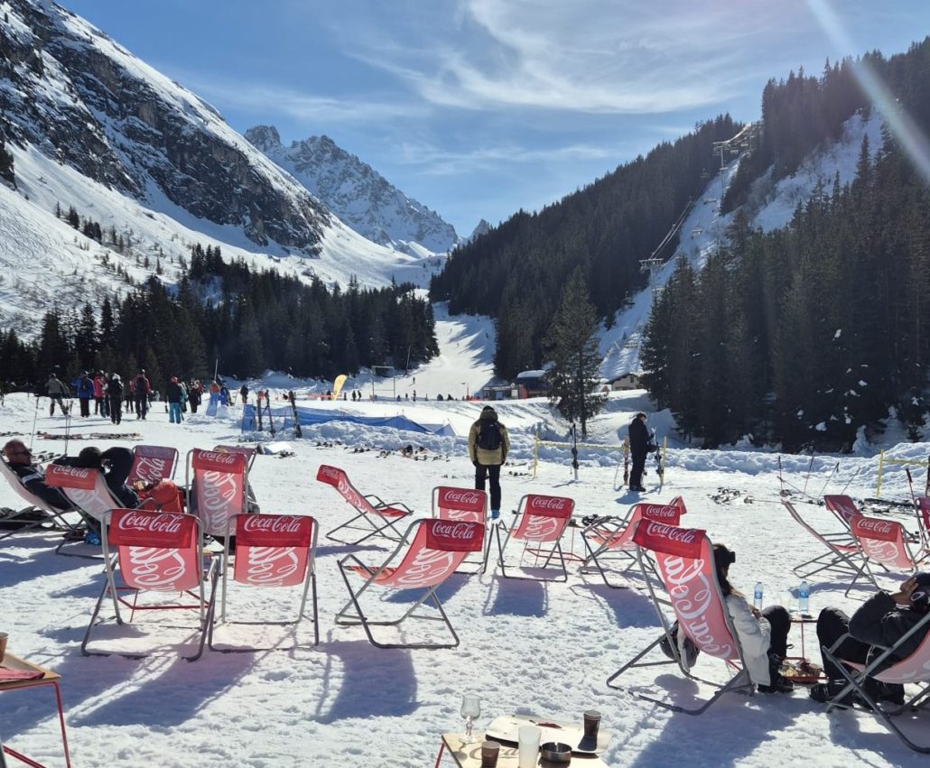 Spring skiing in Courchevel mountain restaurant