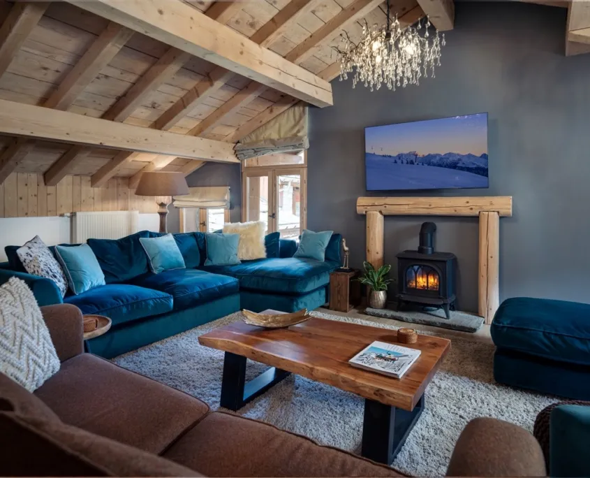 Luxurious chalet living room with logfire Courchevel