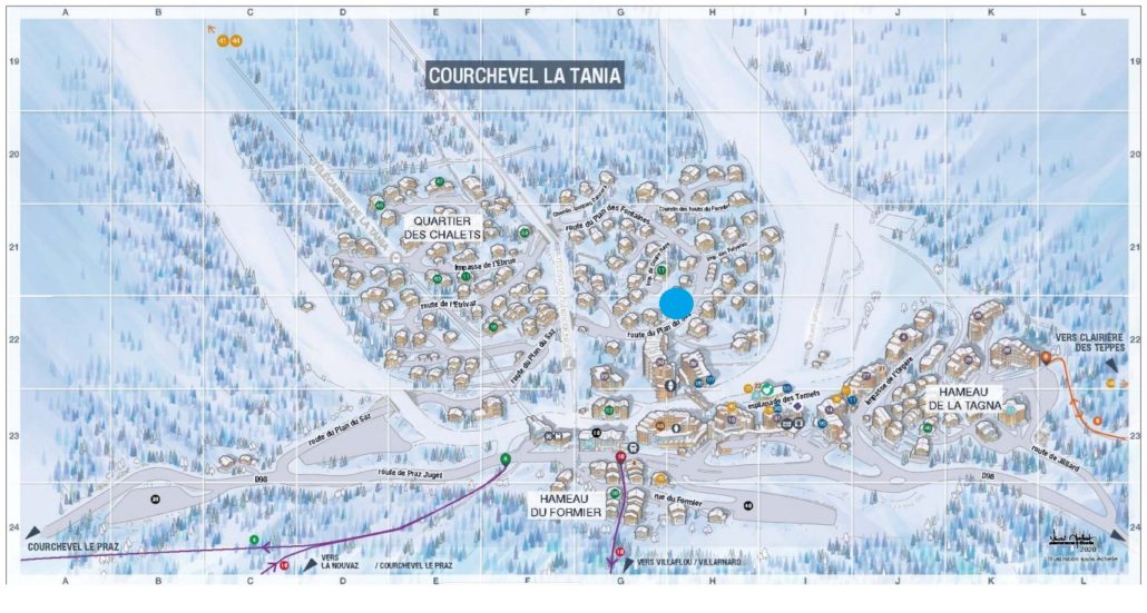 Map illustration of La Tania showing Ski Magic Chalet Matisse Bas